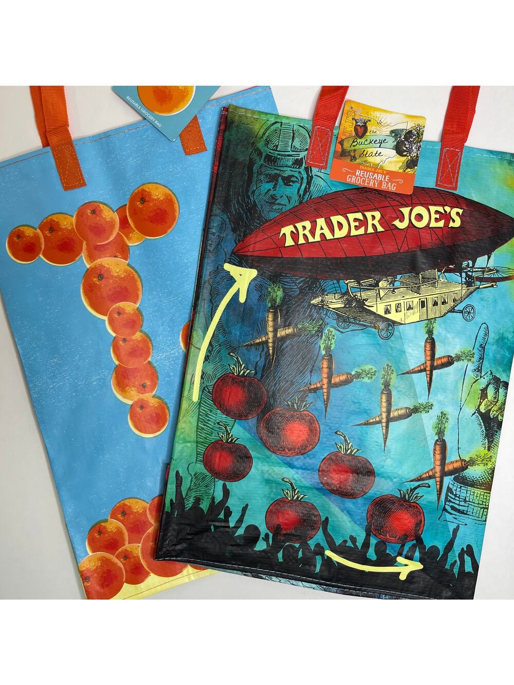 2 Trader Joe’s State Reusable Grocery Tote Bags FLORIDA Oranges + OHIO Buckeye